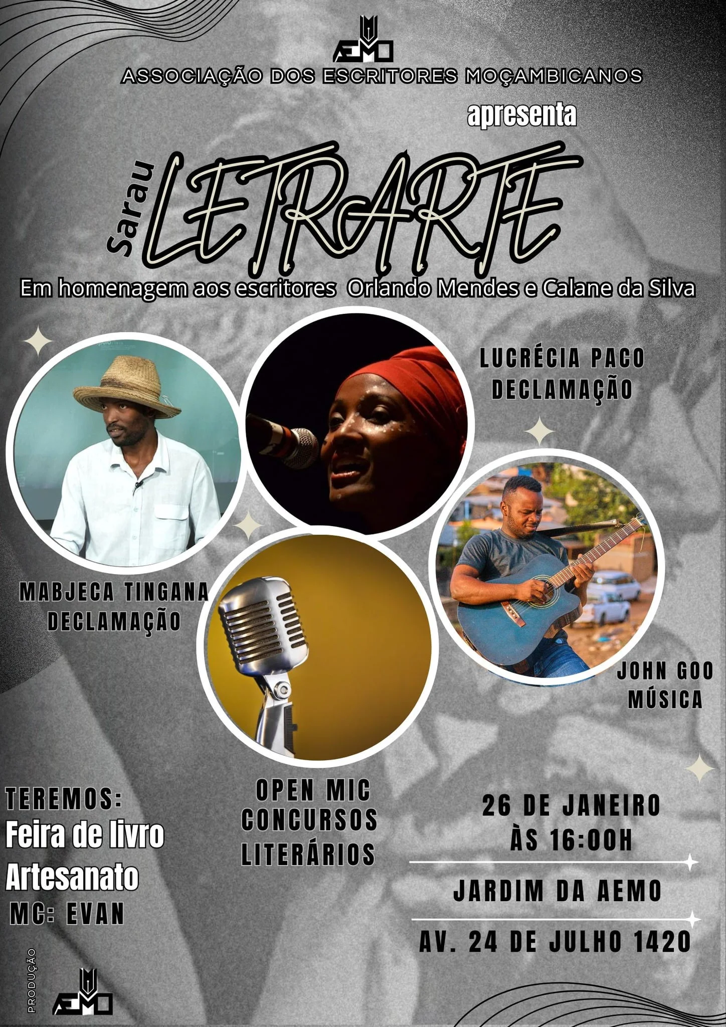 Sarau cultural Letrarte na AEMO homenageia Orlando Mendes e Calane da Silva 
